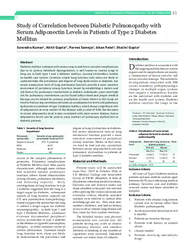 Study of Correlation between Diabetic Pulmonopathy with Serum Adiponectin Levels in Patients of Type 2 Diabetes Mellitus