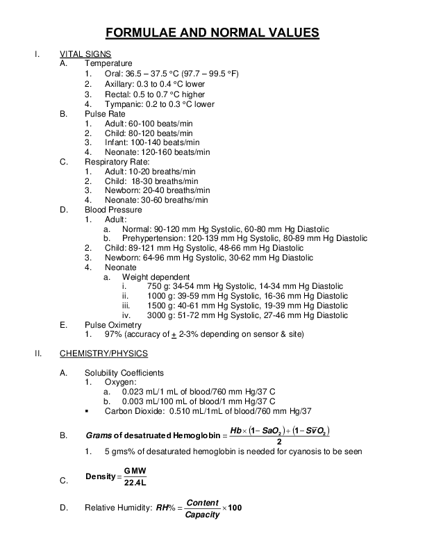 FORMULAE AND NORMAL VALUES SHEET