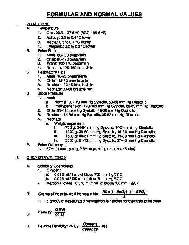 Respiratory FORMULAE AND NORMAL VALUES