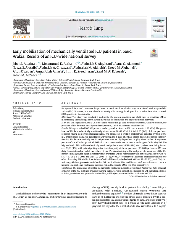 Early mobilization of mechanically ventilated ICU patients in Saudi Arabia: Results of an ICU-wide national survey